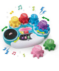 Screen Free Kids DJ Mixer And Manual Music Gear Station Featuring Twin Beat Sliders Scratch Wheel And Interactive Ear Training For Young Pros Whose Grooves Always Hit Different with colorful knobs and buttons.