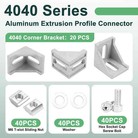 Pro Level 4040 Series Aluminum Extrusion Profile Connector Kit featuring corner brackets, sliding nuts, washers, and hex bolts.