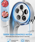 Beefy 1500W Meat And Bone Bandsaw With ETL Approved showing motor and blade details, stainless steel worktable