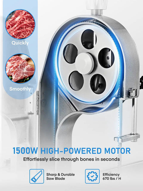 Beefy 1500W Meat And Bone Bandsaw With ETL Approved showing motor and blade details, stainless steel worktable