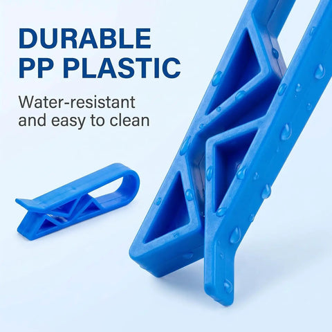 Lock Tight Plastic Garbage Bin Clips With Textured Anti Slip Grip Kick The Slipping Habit And Keep Kitchens Fresh Secure Trash Bag Holders 10 Pack Quick Setup on a blue water-resistant plastic background.