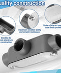 Four Pack 3/4 Inch Threaded T Type Conduit Body With Stamped Steel Cover And Die Cast Aluminum Junction Box, featuring quality construction details