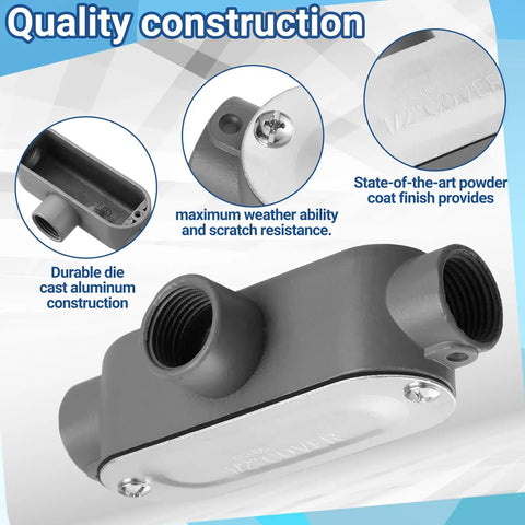 Four Pack 3/4 Inch Threaded T Type Conduit Body With Stamped Steel Cover And Die Cast Aluminum Junction Box, featuring quality construction details