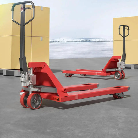 Heavy Duty Manual Hydraulic Pallet Truck With Push Rod Height Control And Adjustable Fork Height And Dual Wheel Linkage For Easy Pallet Lifting And Loading Dock Moves For Heavy Loads On Busy Loading Docks And Warehouses in red steel