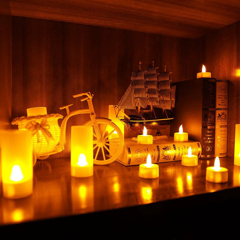 Rechargeable Flameless Tealight Candles Set 12 Pack With White Base And USB Charging Dock Flickering LED Tea Lights on shelf