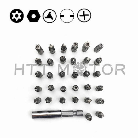 Drop Dead Tough Tamper Proof Security Bit Set Loaded With Rock Solid Phillips Torx And Hex Magnetic Drivers For Power Drills And Impact Guns 33 Piece Chrome Vanadium Steel Kit displayed with various bit types.