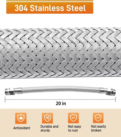 Heavy Duty Air Compressor Jumper Hose With Two One Half Inch NPT Male Ends, stainless steel braided detail, 20 inch long