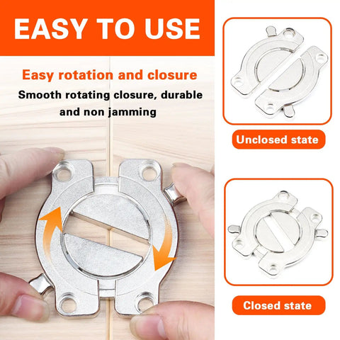 Top Shelf Rock Solid 2 Pack Table Buckle Connectors Heavy Duty Zinc Alloy shown in open and closed states for wood joining.