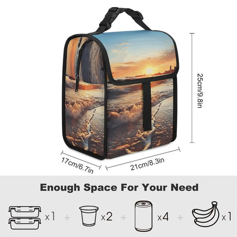 Sunset View Beach Lunch Box Insulated Leak Proof Tote with large capacity for work, beach picnics, camping, travel, 25cm tall