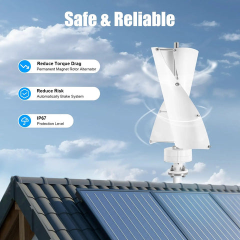 100W Vertical Axis Wind Turbine Kit With Controller And 2 Blades For Home Use installed on roof with blue sky background