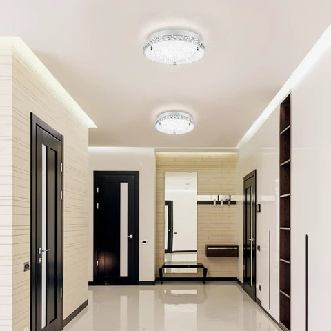 Brighten Up Your Space With A Modern 11 Inch Flush Mount Crystal LED Ceiling Light 4000K Daylight White 1980 Lumens K9 Crystal Beads Ideal For Kitchen Bathroom Bedroom And Hallway installed in hallway.