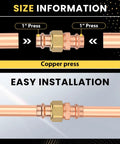 Size information for 50 Pack 1 Inch X 1 Inch Copper Press Union Coupling Press To Connect Fitting for water pipe repair and HVAC system.