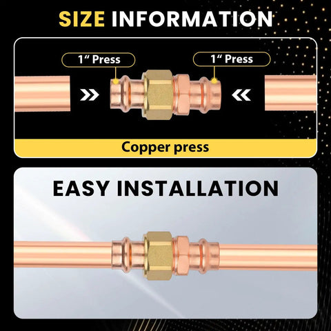 Size information for 50 Pack 1 Inch X 1 Inch Copper Press Union Coupling Press To Connect Fitting for water pipe repair and HVAC system.