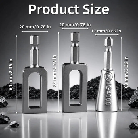 Product size image showing dimensions of Dexspoeny 3 Piece Wire Twister Tool Set For Drill, Heavy Duty Electric Wire Nut Twisting Bit.