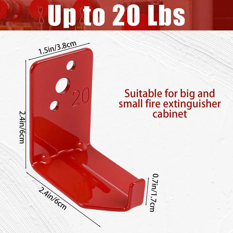 20 Pack Universal Fire Extinguisher Mounting Bracket Kit With Expansion Screws And Wall Hanger A Must Have For Cabinets Walls Or Closets Easy Access And Secure Storage showing a red bracket with dimensions for 5-20 lb extinguishers.