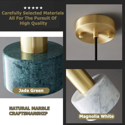 HLRCB Indoor Pendant Light, Marble Adjustable Drop, Modern Suspended Mount with Jade Green and Magnolia White marble details.