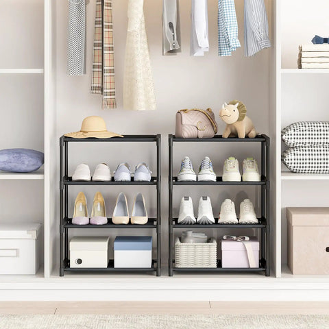 Four Tier Black Shoe Rack Compact Space Saver Shelf For Entryway Storage Heavy Metal Frame Stand That Is Totally Built Different And Gonna Organize Your Life Smoothly Without Any Hassle At All Today