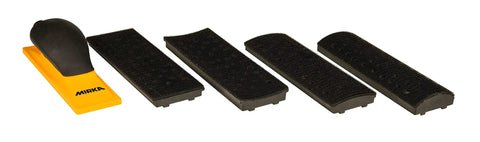 Hands On 2.75 Inch By 8 Inch Sanding Block Kit with 4 plates, Quick Plate Change, hand block body, and hook and loop system displayed.