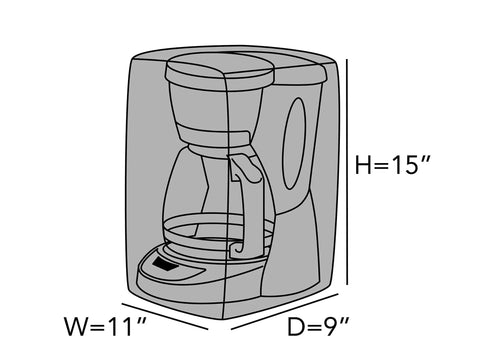 Diagram of Keepsakes Quilted Coffee Maker Cover with dimensions 11"W x 9"D x 15"H, slip-on design for countertop storage, black.