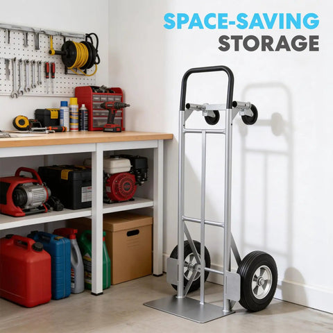Utility hand truck in workshop, surrounded by tools and equipment, demonstrating space-saving storage capability.