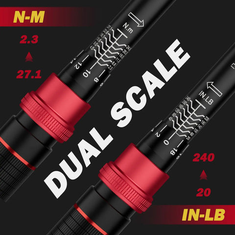 Quarter Inch Drive Torque Wrench With Twenty To Two Hundred Forty Inch Pound Range for precise bike maintenance, dual scale view