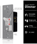 Dimmer Switch With Toggle On Off White Finish For Single Pole And Three Way Wiring, shown with measurements and dimmer slider.