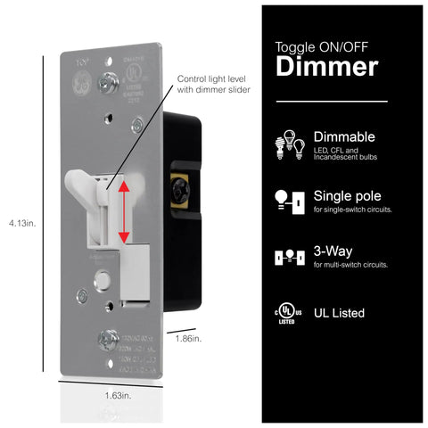 Dimmer Switch With Toggle On Off White Finish For Single Pole And Three Way Wiring, shown with measurements and dimmer slider.