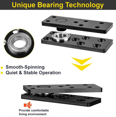 Heavy Duty Hidden Door Hinges With 600 Lbs Load Rating, Thickened Solid Steel Construction, Waterproof Finish, 360 Degree Rotation Pivot For Murphy Door Kit, Secret Door And Bookshelf Door Black, unique bearing technology, showing hinge details.