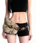 Brown Faux Fur Belt For Women Featuring Classic Pin Buckle And Y2K Vintage Street Drip With Fresh Layering Game, Plush High Pile Waist Cincher For Cozy Sweaters Plus Wide Leg Jeans, worn over shorts