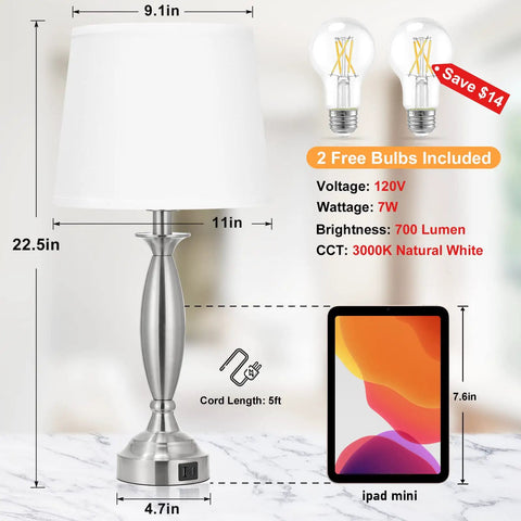 White Shade Bedside Lamps Set Of 2 With Touch Control 3 Way Dimmable Brightness USB C And USB A Ports Nickel Base Nightstand Table Lamps For Bedroom And Living Room