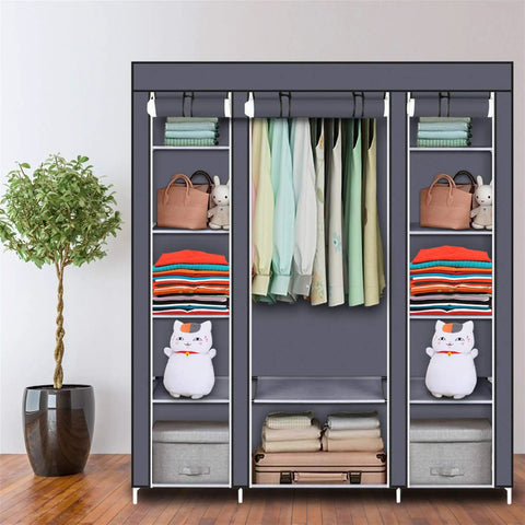 Heavy Hitter Portable Closet Wardrobe Organizer With Slick Nonwoven Fabric Cover And Beefy Steel Frame Built Solid For No Sweat Roomy Storage Shelves And Long Hanging Rod In Soft Gray, featuring hanging clothes and shelves.