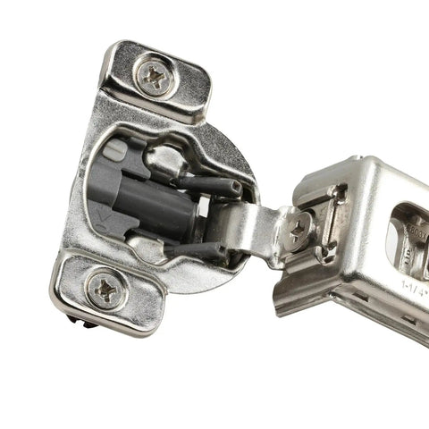 Detailed view of One And One Quarter Inch Overlay Soft Close Cabinet Hinge With 105 Degree Two Cam Press In Face Frame Easy Install And Quiet Closing The Go To Choice For Kitchen And Bath Cabinets Silver Finish