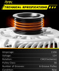 Close-up of Replacement 110A 12V Alternator For Mazda 5 2008 2009 2010 with 6-Groove Pulley showing technical specifications