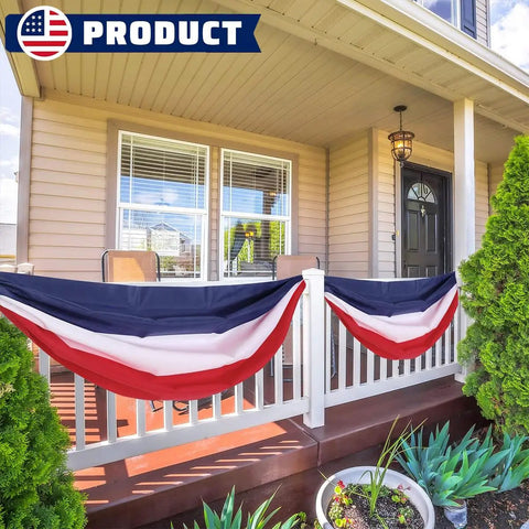 Patriotic Bunting US Flag Decorations 2 Pack 2x20 Ft Red White Blue Banner on porch railing for outdoor decor