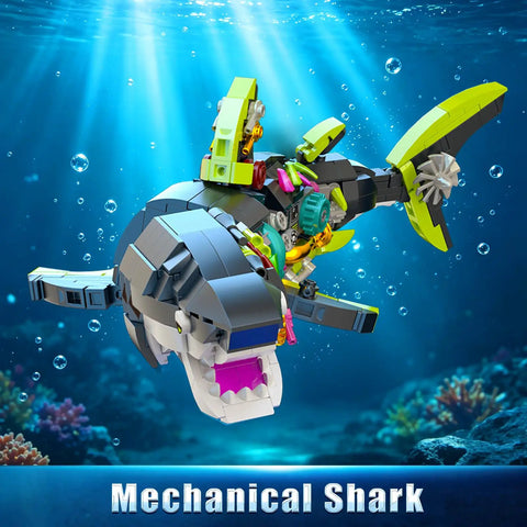 Glow In The Dark Mechanical Shark Building Set With 747 Pieces Realistic Ocean Creature Model Kit Featuring Rotating Jaws And Fins Linkage Function And Display Stand STEM Toy Gift For Kids Teens And Adults, front view