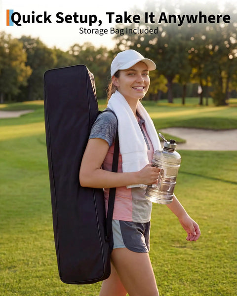 Woman carrying Heavy Duty Golf Practice Net 10x7 Feet With Sturdy Frame And Quick Setup Portable Hitting Net Carry Bag
