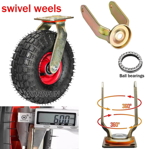 Heavy Duty Pneumatic Swivel Plate Caster With Ball Bearings And Side Brakes, 8 inch rubber tire on galvanized steel bracket, parts view