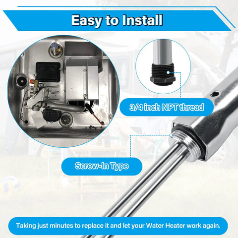 RV Water Heater Maintenance Kit With 9.25 Inch Magnesium Anode Rod And 520900 Electric Heating Element shown installed.