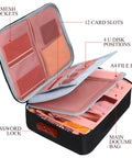 Open Fireproof Document Box With Lock Three Layer Organizer Bag For Passports Cash Valuables And Important Files, Portable Fire Safe Case showcasing compartments for cards, disks, and documents.