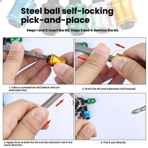 Hands demonstrating the use of a Six Piece Color Coded Screwdriver Bit Holder Set With Keychain Adapter Durable Steel One Quarter Inch Hex Shank