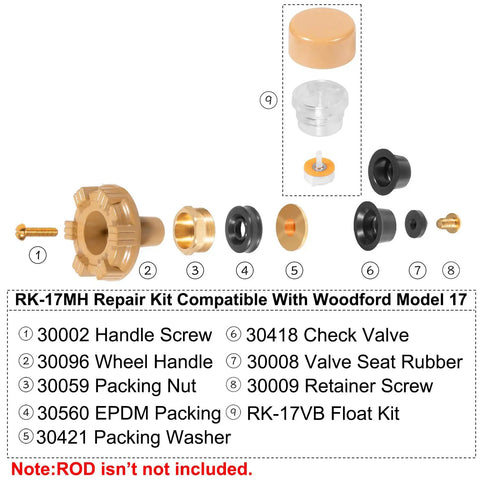 RK-17MH Outside Faucet Repair Kit With Metal Handle Replacement Parts For Woodford Model 17, components displayed
