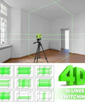 360 Degree Self Leveling Laser Level With Tripod For Construction And Renovation in a room displaying green lines on walls and ceiling
