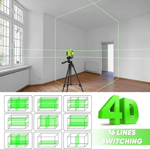 360 Degree Self Leveling Laser Level With Tripod For Construction And Renovation in a room displaying green lines on walls and ceiling