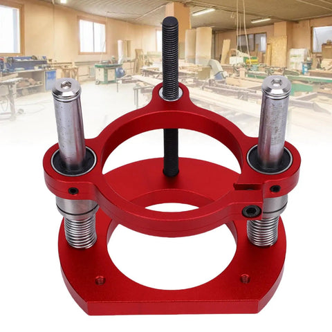 Router Table Lift Base With Easy Crank Up To 70mm Travel, Universal Fit For Small Routers, Aluminum Alloy And Stainless Steel 2 Jaw Clamp, Solid Lifting System For Precise Trimming And Above Table Height Adjustments. red router table lift base with threaded crank, stainless steel posts