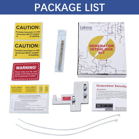 Package contents of Generator Interlock Kit For 150 And 200 Amp Siemens Or Murray Panels with labels and hardware