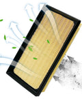 Engine Air Filter JM7050 For Toyota Hybrids, illustrating dust and debris being blocked by the filter, yellow pleats with black frame.