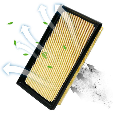 Engine Air Filter JM7050 For Toyota Hybrids, illustrating dust and debris being blocked by the filter, yellow pleats with black frame.