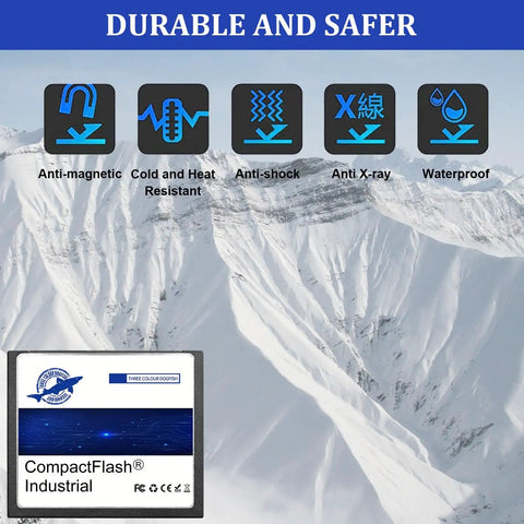 Rock Solid Compact Flash Memory Cards 2GB 2 Pack showing durability features like anti-magnetic and waterproof symbols.