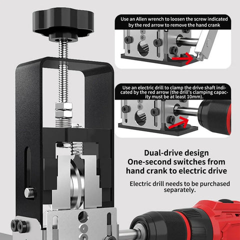 Heavy Duty Manual Wire Stripper For Scrap Copper Recycling Fits Electric Drill showing dual-drive design features and adjustments.