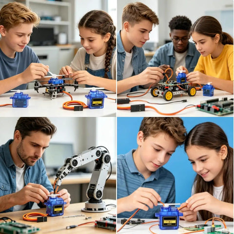 Four images of kids and adults using Eight Pack SG90 Digital Servo Motor 9G Metal Gear Micro Servos in RC projects.